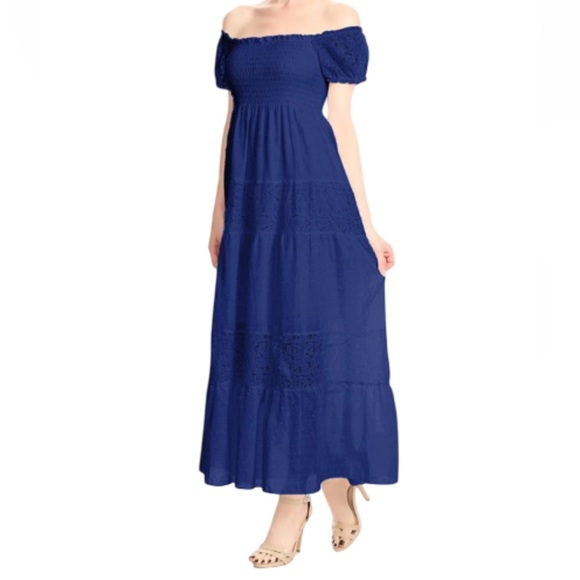 NWT Summer Boho Peasant Ruffle Stretchy Smocked & Lace Long Maxi Dress Milkmaid - Picture 1 of 16